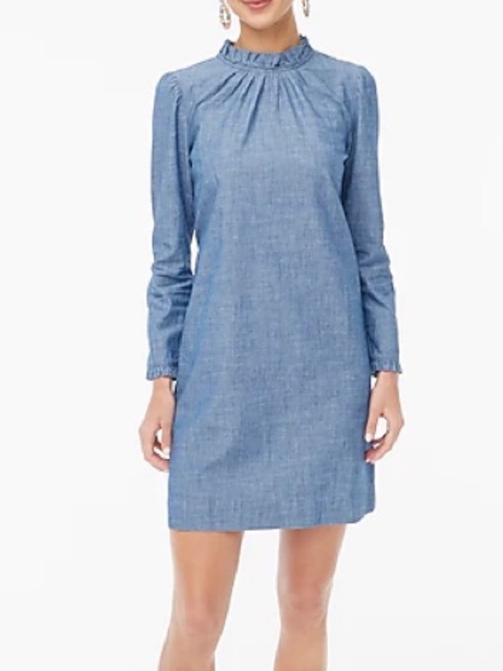 J. Crew Factory Blue Chambray Ruffle-Neck Long Sleeve Shift Dress